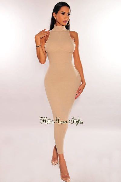 Taupe Mock Neck Ribbed Sleeveless Midi Dress - Hot Miami Styles