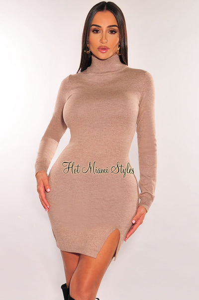 Taupe Ribbed Knit Turtleneck Long Sleeve Sweater Dress - Hot Miami Styles
