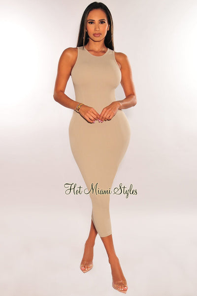 Taupe Ribbed Seamless Sleeveless Midi Dress - Hot Miami Styles