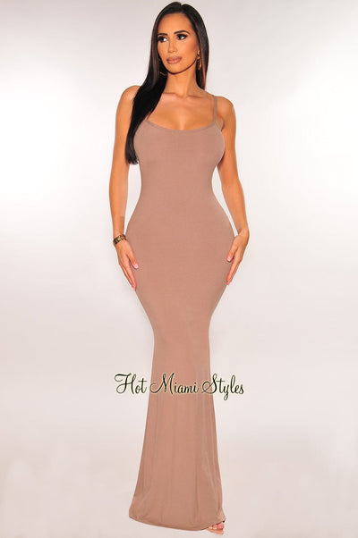 Taupe Ribbed Spaghetti Strap Mermaid Dress - Hot Miami Styles