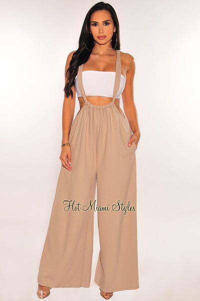 Taupe Ribbed Tie Up Drawstring Flare Suspender Overall Pants - Hot Miami Styles