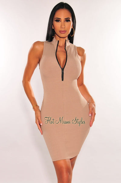 Taupe Ribbed Zipper Sleeveless Bodycon Dress - Hot Miami Styles