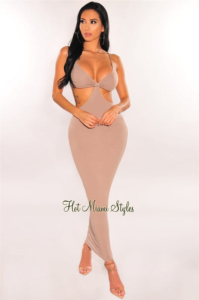 Taupe Spaghetti Straps Knotted Cut Out Maxi Dress - Hot Miami Styles