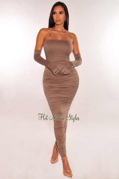 Taupe Strapless Ruched Midi Dress + Gloves - Hot Miami Styles
