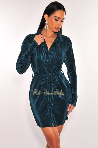 Teal Ribbed Collared Button Up Belted Long Sleeve Dress - Hot Miami Styles