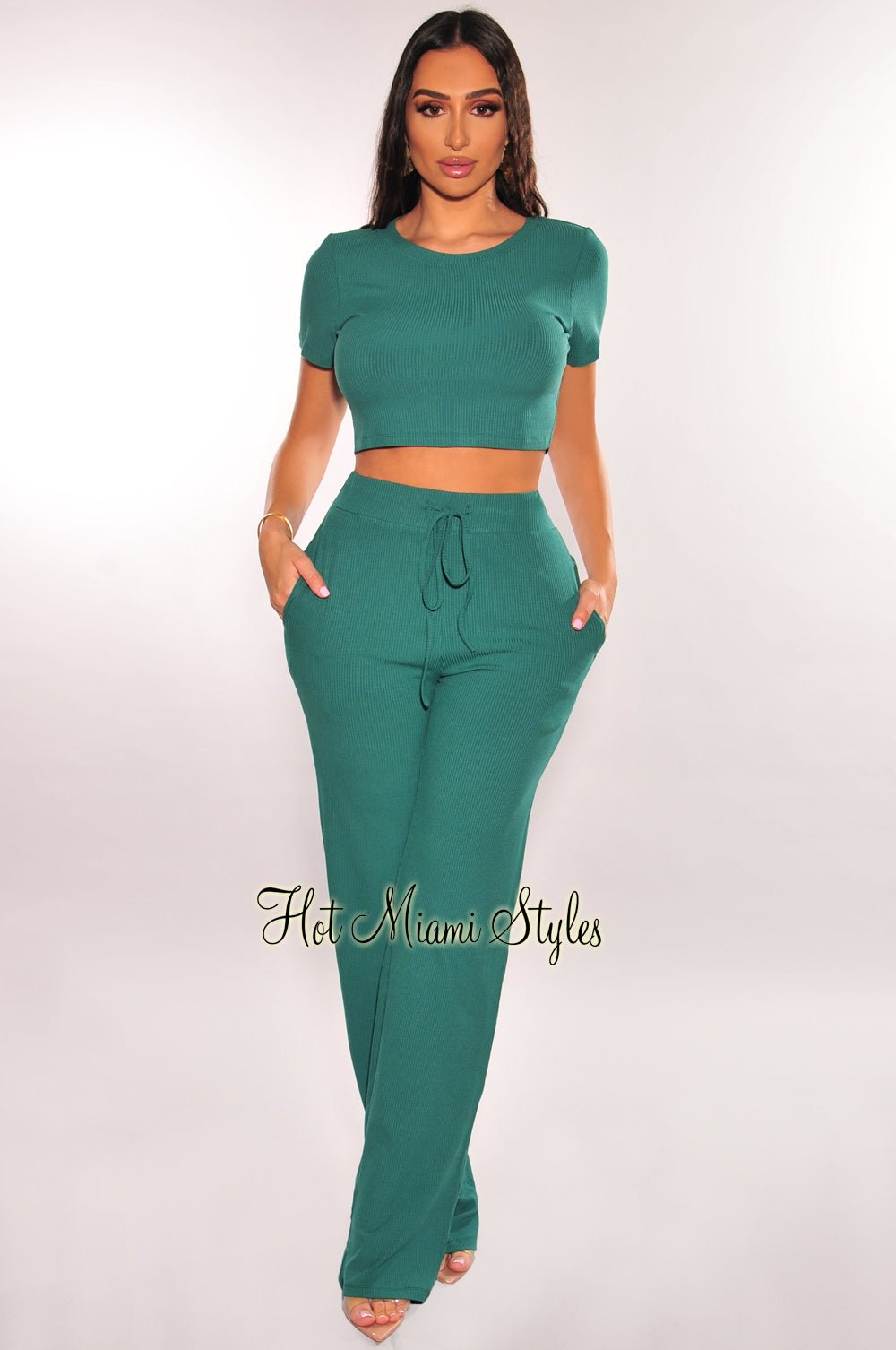 Teal Ribbed Short Sleeve Wide Leg Pants Two Piece Set