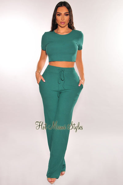 Teal Ribbed Short Sleeve Wide Leg Pants Two Piece Set - Hot Miami Styles