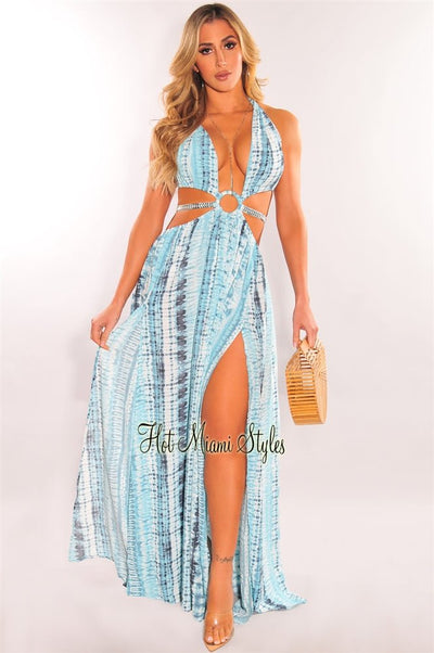 Teal Tie Dye O-Ring Cut Out Silver Belted Double Slit Maxi Dress - Hot Miami Styles