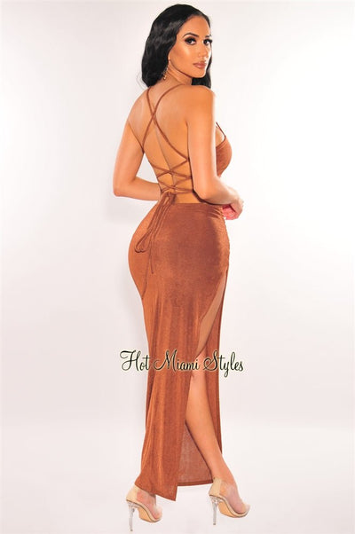 Toffee Halter Lace Up Back Ruched Slit Midi Dress - Hot Miami Styles