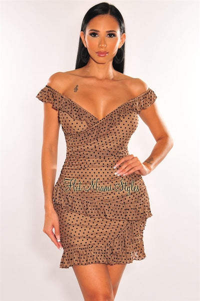 Toffee Mesh Nude Illusion Polka Dot Off Shoulder Ruffle Dress - Hot Miami Styles