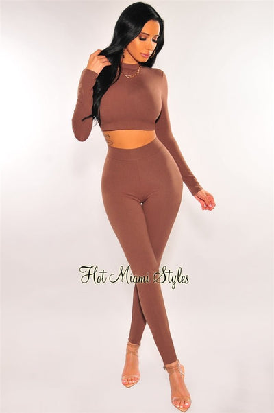 Toffee Mock Neck Long Sleeve Pant Two Piece Set - Hot Miami Styles