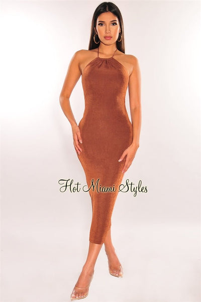 Toffee Ribbed Halter Sleeveless Midi Dress - Hot Miami Styles