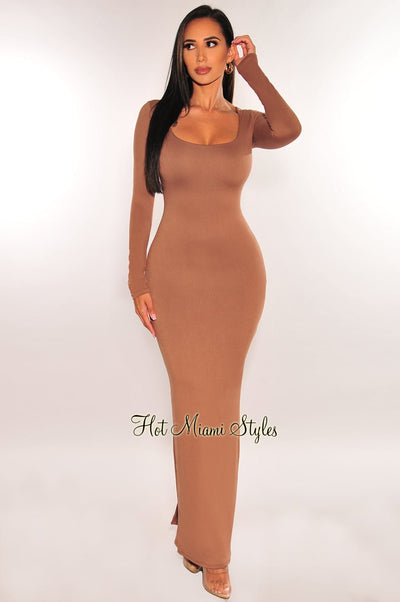 Toffee Round Neck Long Sleeve Maxi Dress - Hot Miami Styles