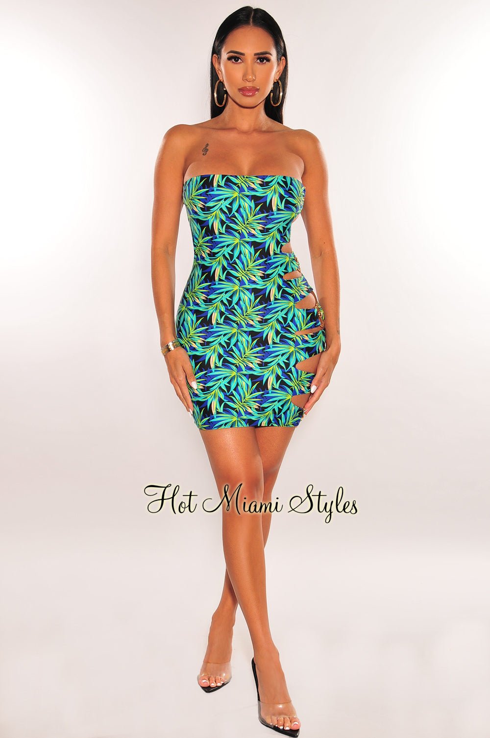 Tropical Print Gold Ring Strapless Cut Out Mini Dress - Hot Miami Styles Tropical Print Gold Ring Strapless Cut Out Mini Dress - Hot Miami Styles