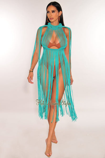Turquoise Crochet Cape Sleeves Fringe Cover Up Dress - Hot Miami Styles