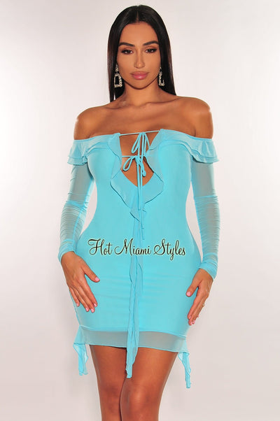 Turquoise Mesh Off Shoulder Tie Up Long Sleeve Ruffle Mini Dress - Hot Miami Styles