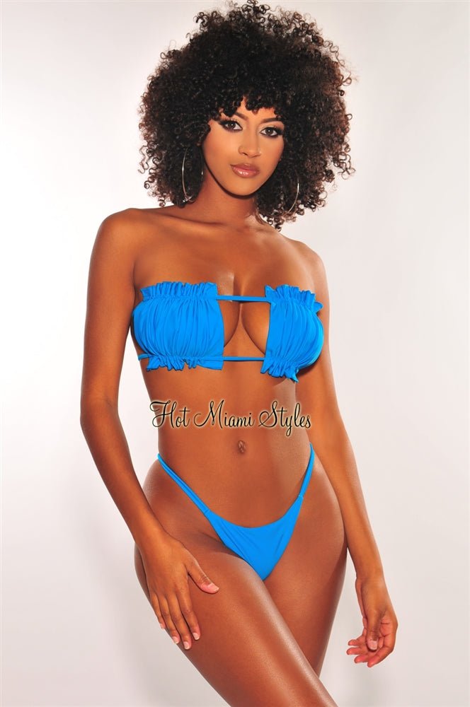今週のおすすめ製品 Turquoise Ruched Bust Frill Bandeau Scrunch Butt Bikini Top 水着・ラッシュガード