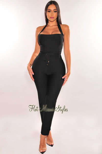 WAIST SNATCHED: Black Bandage Halter Belted Jumpsuit - Hot Miami Styles