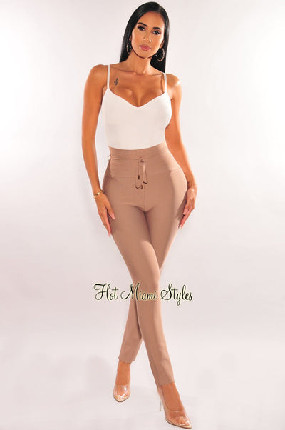 WAIST SNATCHED: Mocha Bandage High Waist Belted Pants - Hot Miami Styles