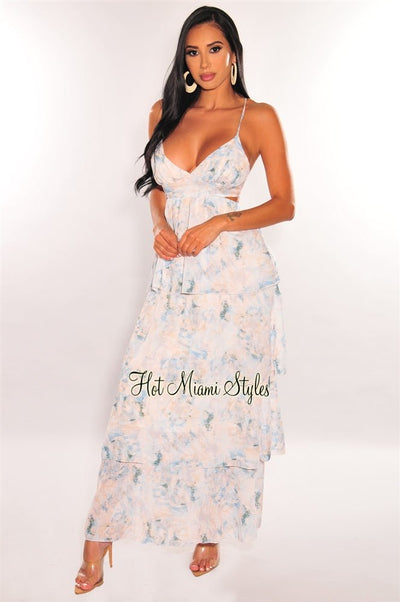 White Blue Print Spaghetti Straps Cut Out Layered Maxi Dress - Hot Miami Styles