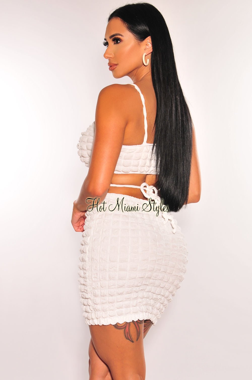 White Bubble Textured Spaghetti Strap Tie Up Skirt Two Piece Set – Hot  Miami Styles