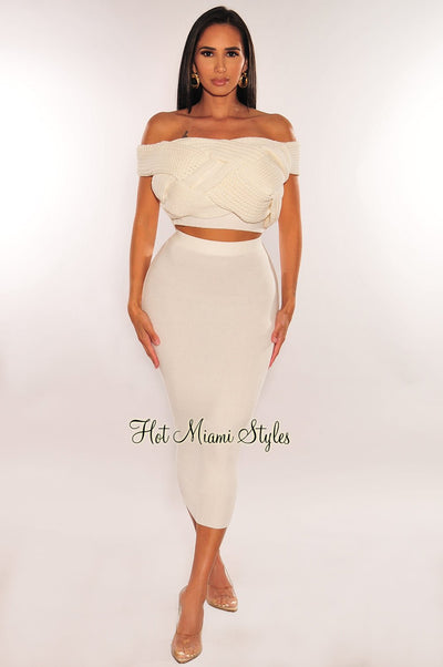 White Cable Knit Off Shoulder Skirt Two Piece Set - Hot Miami Styles