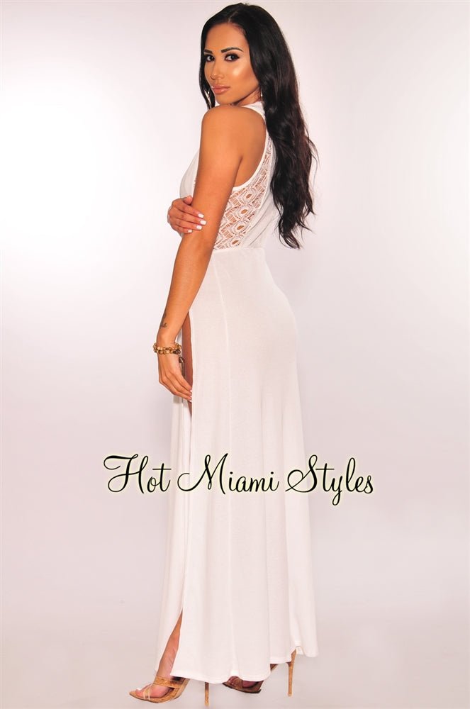 White Crochet Double Slit Cover Up Maxi Dress White Crochet Double Slit Cover Up Maxi Dress