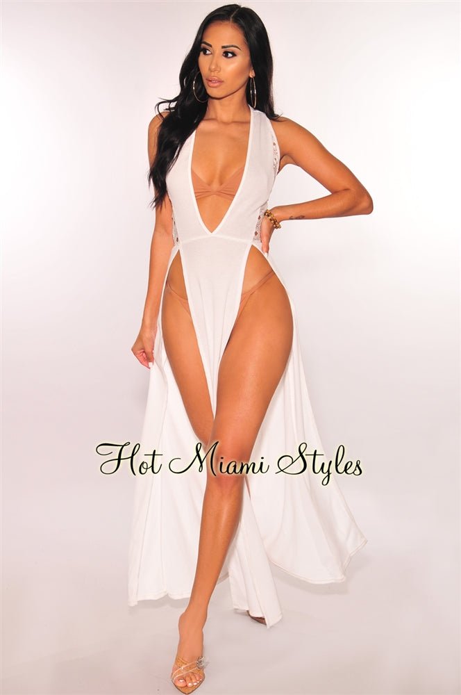 White Crochet Double Slit Cover Up Maxi Dress - Hot Miami Styles White Crochet Double Slit Cover Up Maxi Dress - Hot Miami Styles
