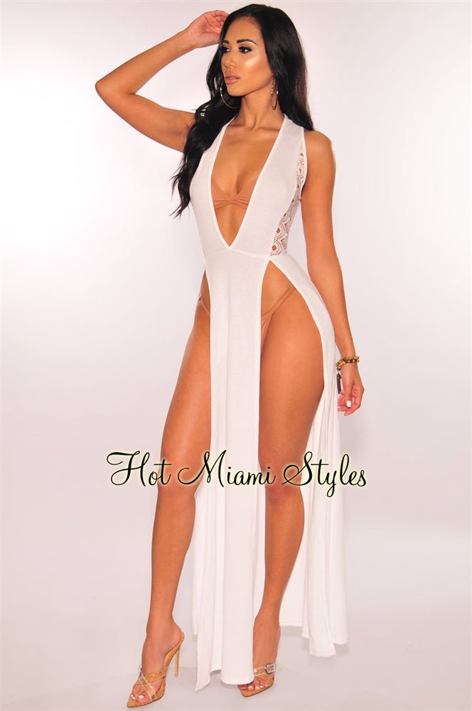 White Crochet Double Slit Cover Up Maxi Dress White Crochet Double Slit Cover Up Maxi Dress
