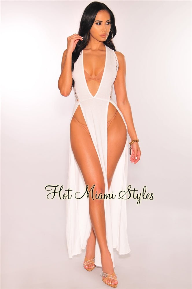 White Crochet Double Slit Cover Up Maxi Dress - Hot Miami Styles White Crochet Double Slit Cover Up Maxi Dress - Hot Miami Styles