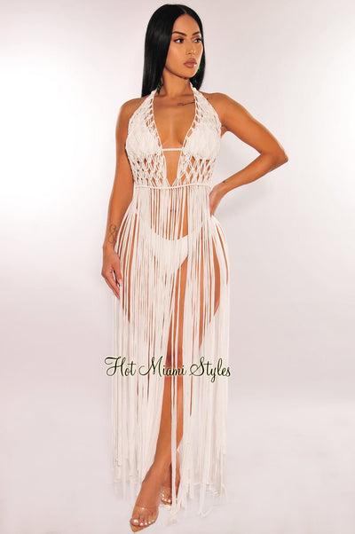 White Crochet Halter Fringe Cover Up Dress - Hot Miami Styles