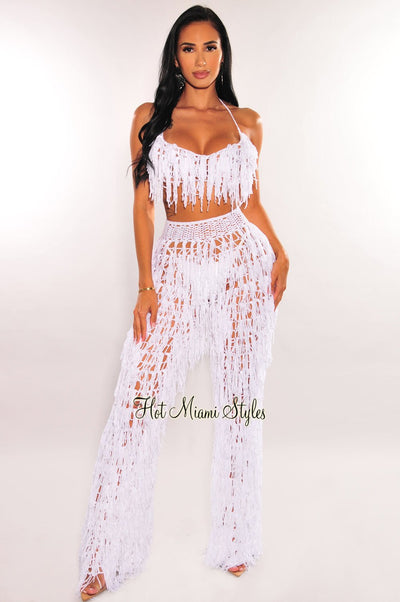 White Crochet Halter Fringe Pants Two Piece Set Cover Up - Hot Miami Styles