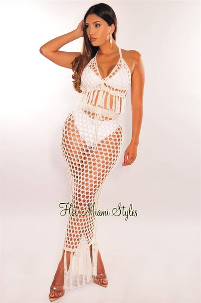 White Crochet Halter Fringe Skirt Two Piece Set Cover Up - Hot Miami Styles