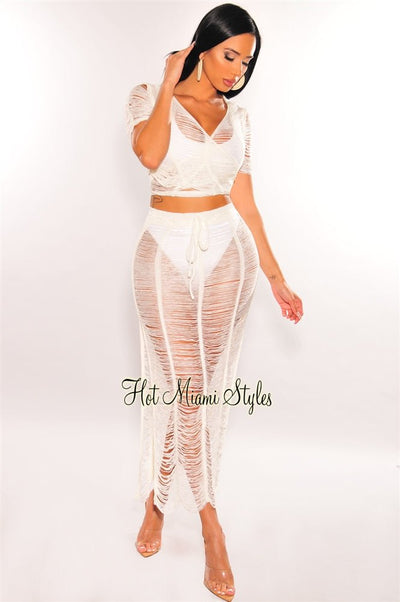 White Crochet Knit Sheer Skirt Two Piece Set Cover Up - Hot Miami Styles