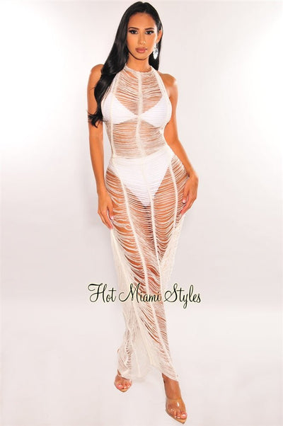 White Crochet Ladder Cut Halter Open Back Maxi Cover Up Dress - Hot Miami Styles