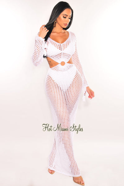White Crochet Long Sleeve Cut Out O-Ring Maxi Cover Up Dress - Hot Miami Styles