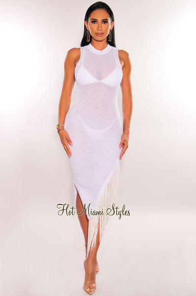 White Crochet Sleeveless Asymmetrical Fringe Hem Slit Cover Up Dress - Hot Miami Styles