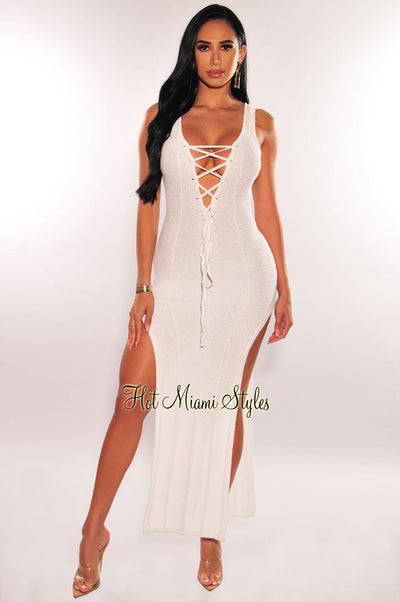 White Crochet Sleeveless Lace Up Double Slit Cover Up Dress - Hot Miami Styles