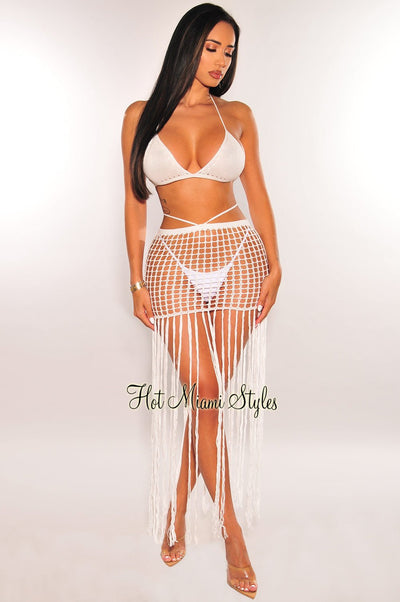 White Crochet Triangle Top Bikini Fringe Skirt Three Piece Set - Hot Miami Styles