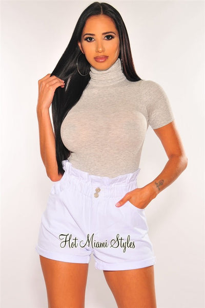 White Denim Button Up Cuffed High Waist Paperbag Shorts - Hot Miami Styles