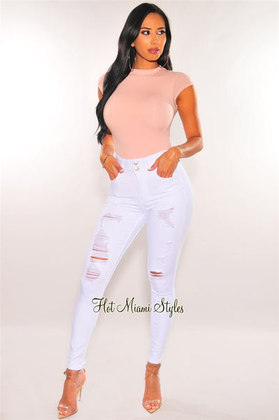 White Denim Distressed Button Up High Waist Jeans - Hot Miami Styles