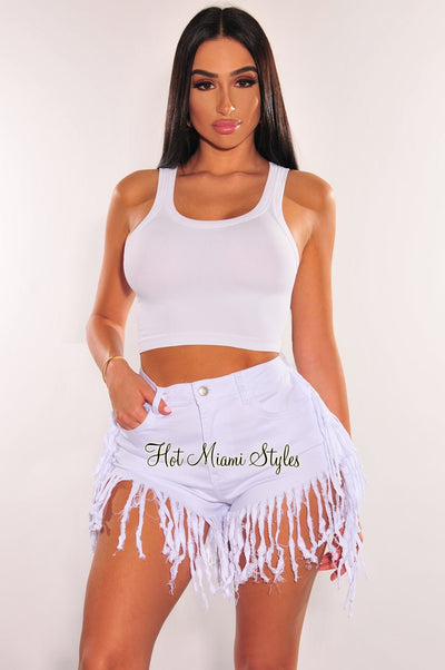 White Denim High Waist Fringe Hem Shorts - Hot Miami Styles