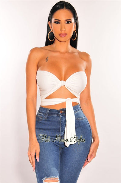 White Double Lined Multiwear Bandeau Tie Up Crop Top - Hot Miami Styles