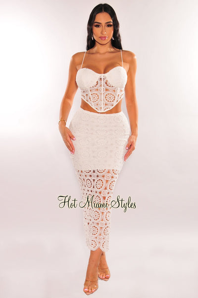 White Embroidered Eyelet Crochet Padded Corset Skirt Two Piece Set - Hot Miami Styles
