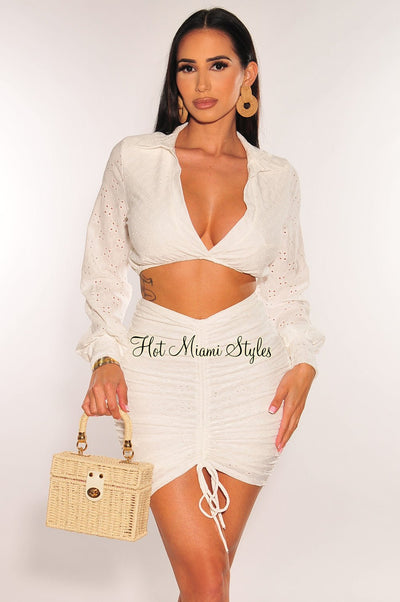 White Eyelet Embroidery Collared Long Sleeve Ruched Skirt Two Piece Set - Hot Miami Styles