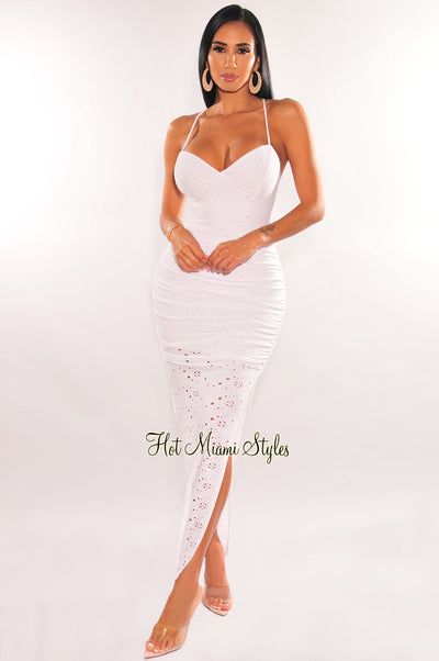 White Eyelet Spaghetti Strap CrissCross Cut Out Back Ruched Slit Maxi Dress - Hot Miami Styles