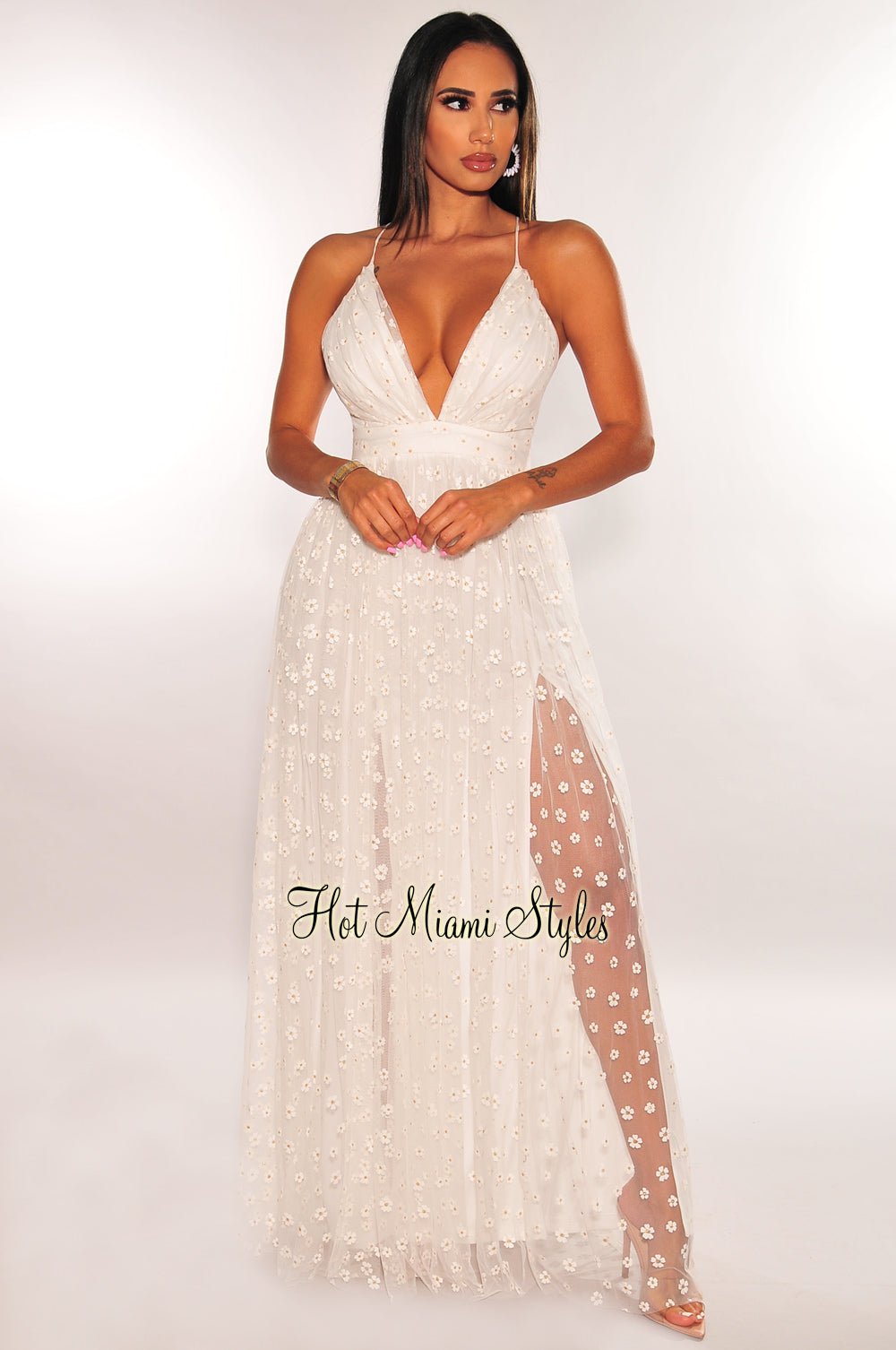 White Floral Embroidered Mesh Criss Cross Back Double Slit Maxi Dress – Hot  Miami Styles