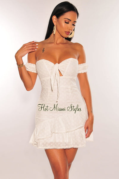 White Floral Embroidered Off Shoulder Ruffle Cut Out Tie Up Mini Dress - Hot Miami Styles
