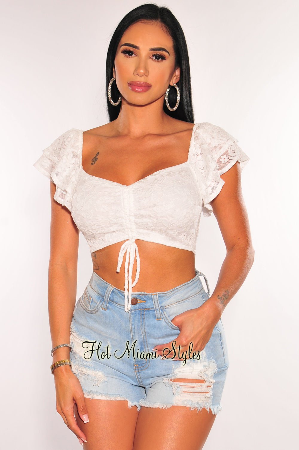 White Floral Lace Ruffle Sleeve Tie Up Ruched Crop Top – Hot Miami Styles