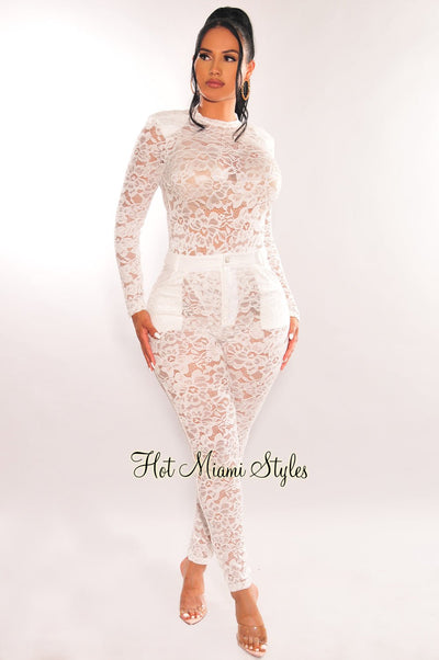 White Floral Lace Sheer Padded Shoulder Bodysuit Pants Two Piece Set - Hot Miami Styles